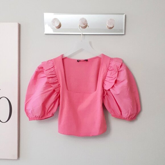 NWOT Zara pink cotton ribbed puff balloon ruffle statement sleeve crop top, M - Picture 8 of 9